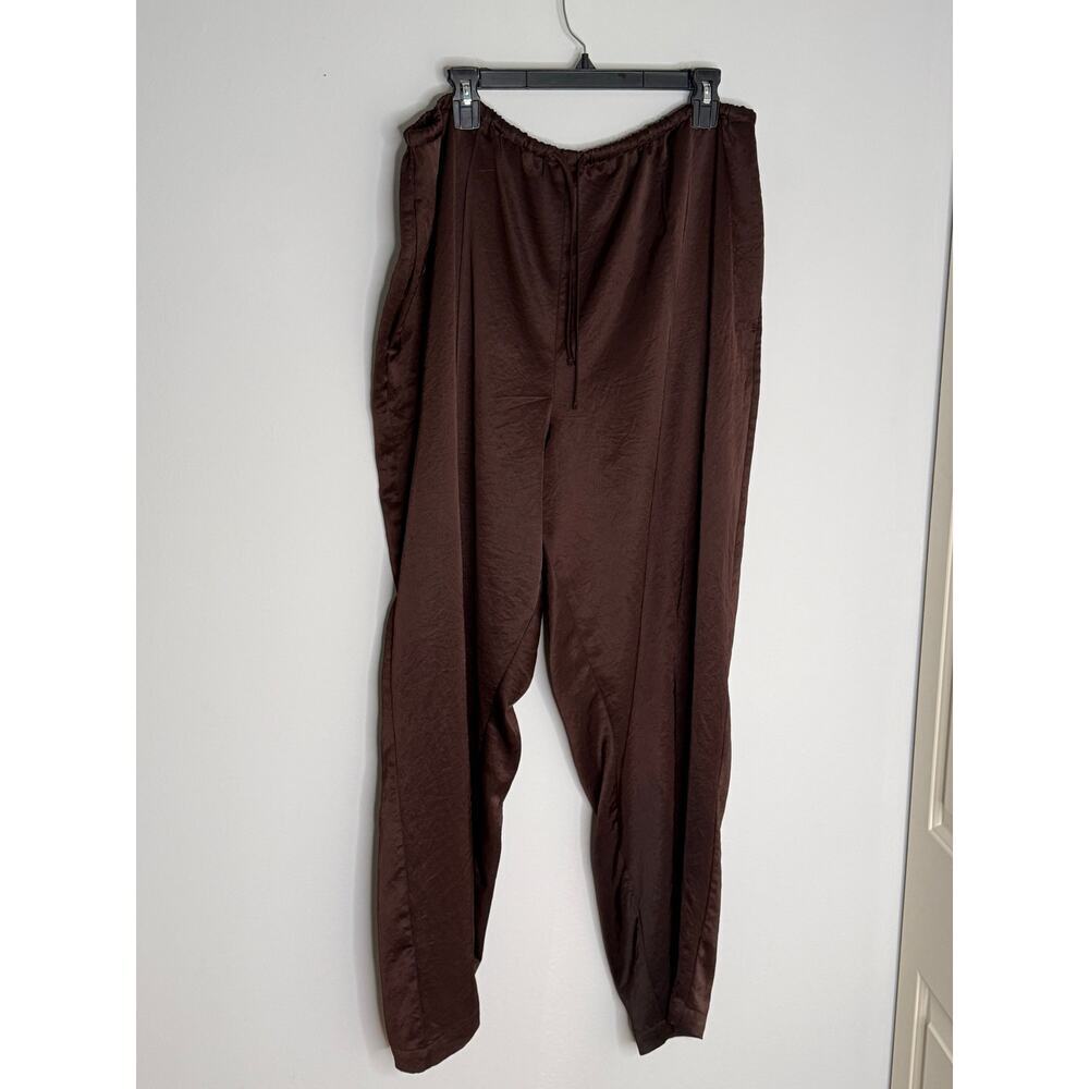 Madewell Pintuck Pull On Satin Pants Drawstring Dark Carob Brown SZ XXL EUC - Picture 2 of 9
